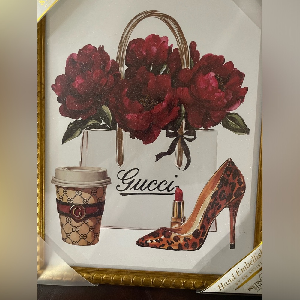 Gucci Red Floral Glass Frame with Leopard Stiletto & Gucci Coffee Cup, NWT